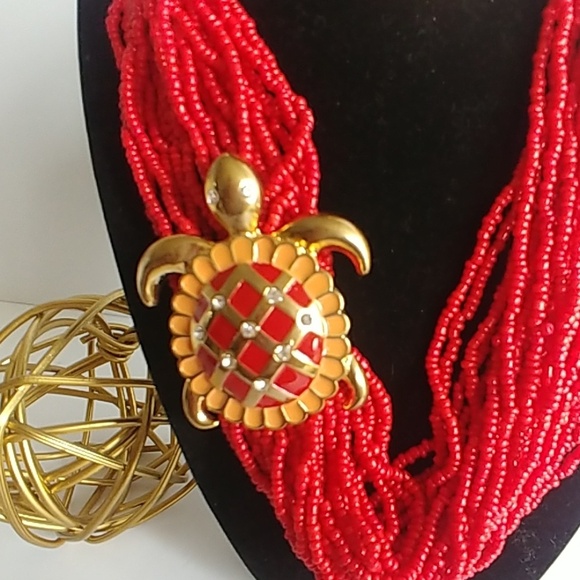 Bold Multi Strand Red Seed Bead Necklace with Turtle and Earrings Set - Picture 2 of 5